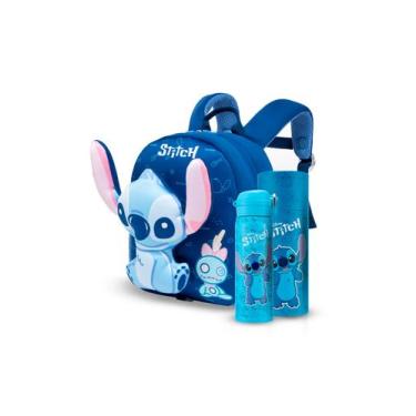 Imagem de Kit Mochila Garrafa Infantil Disney Stitch Escolar Passeio Menina