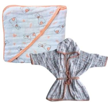Imagem de Toalha de Banho Bebe com Capuz de Fralda Soft + 1 Roupão com Capuz Soft 100% algodão Enxoval (Coelha)