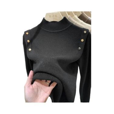Imagem de Suéter De Tricô Feminino Quente E Macio Com Gola Alta E Botões, Pulôve