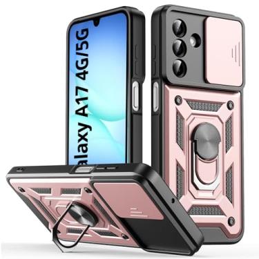 Imagem de Capa para celular Samsung Galaxy A17, com capa deslizante para câmera, suporte de anel de dedo giratório, à prova de choque, capa protetora resistente a arranhões - Rosa