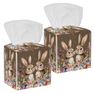 Imagem de Coelhos da páscoa capa de caixa de lenços de papel floral quadrada de couro à prova d'água organizador de papel facial dispensador para banheiro, casa, carro, mesa de cabeceira