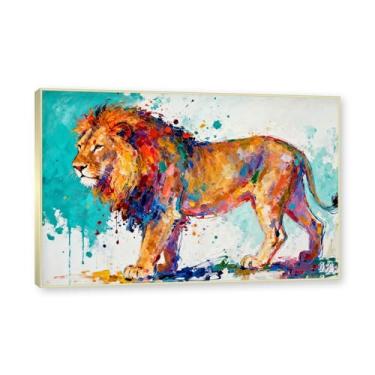 Imagem de NHLDZYH Moldura dourada. Pintura salpicada de leão em tela Arte abstrata de animais Mural vívido Chamador de olhos para sala de estar Decoração moderna para casa. A34. 70 x 105 cm.