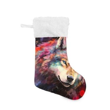 Imagem de ATTX Meias coloridas de Natal de lobo, suportes de presente brancos de pelúcia para decorações de festas de fim de ano (17,7 polegadas, 1 pacote) #487