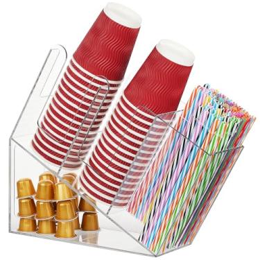 Imagem de EOFJRUC Suporte de copo e tampa, dispensador de copos com suporte de cápsulas de café e organizador de palha, organizador de café transparente para bancada, suporte descartável para estação de café