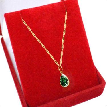 Imagem de Colar Cordão Singapura Ouro 18k 750 50cm E Gota Zircônia Verde Esmeral