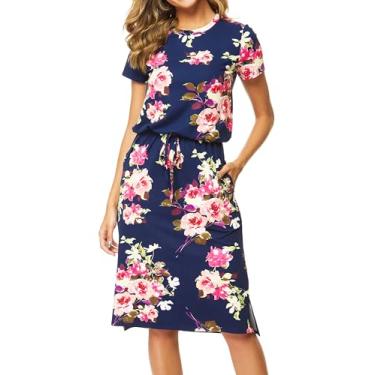 Imagem de Simier Fariry Vestido feminino casual de manga comprida com bolsos, A azul profundo floral/vermelho, G