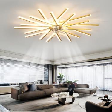 Imagem de Ventilador de teto com lustre, luzes LED, memória, dimerizável, 6 velocidades, timer, reversível, silencioso, com controle remoto e aplicativo para quarto - Dourado || 100 cm