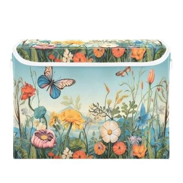 Imagem de SEHANY Caixa de armazenamento de armário de flores silvestres coloridas com tampas e alças, organizador de cestas de armazenamento de tecido dobrável, caixas de armazenamento de cubos grandes para