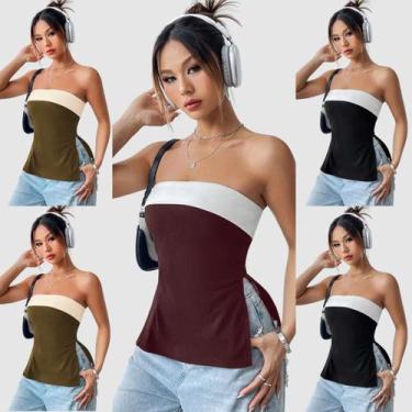 Imagem de Kit 5 Blusa Blusinha Feminina sem alça Casual Faixa Bicolor Fenda Late