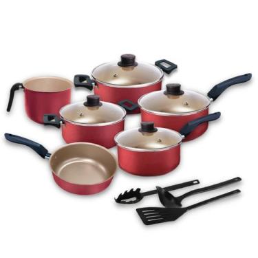 Imagem de Jogo de Panelas 09 Peças Cereja Antiaderente c/ Tampa de Vidro + Utens