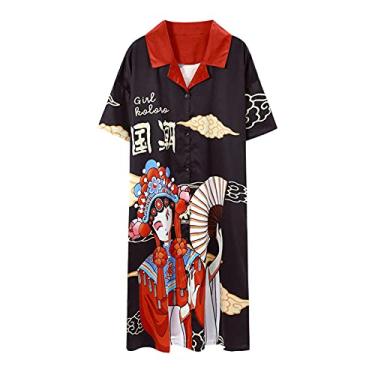 Imagem de 3FLQOOPP Camisola de dormir feminina Ice Silk com estampa de desenho animado lingerie de cetim camisola de dormir roupão solto (preto 2X)