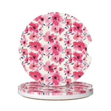 Imagem de Neukim Pacote com 2 porta-copos rosa carmesim flores carmesim, porta-copos absorvente de cerâmica antiderrapante de 6 cm com base de cortiça e entalhe de dedo acessórios para carro interior para
