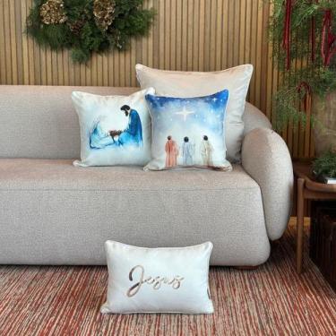 Imagem de Kit 4 Capas Almofadas Natal Linhão Branco Presépio, Reis Magos e Jesus