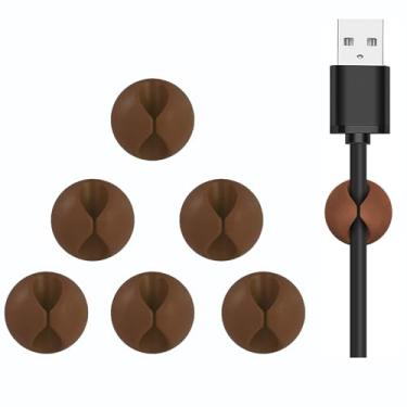 Imagem de Organizador de cabos com clipe de 6 peças para mesa, suporte de cabo redondo para linhas de carregamento e cabos USB, uso no escritório e no espaço de trabalho doméstico, marrom