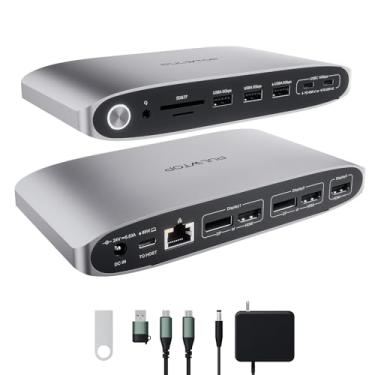 Imagem de Estação de ancoragem DisplayLink Monitor triplo com adaptador de energia de 140 W, base USB C para laptop PULWTOP 4K a 60 Hz para MacBook M1/M2/M3, Windows, 3xHDMI, 2 DisplayPort, 5 x USB C/USB A