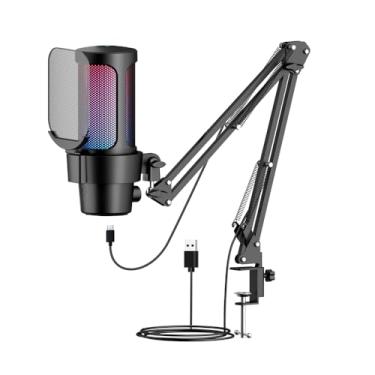 Imagem de Kit de Microfone para Jogos USB com Iluminação Captura Cardioide Mudo Rápido Knob Suporte Articulado Plug Play Reuniões Transmissões ao Vídeos