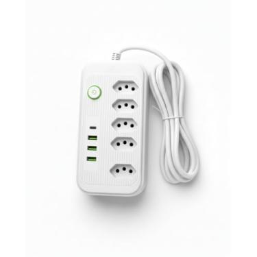 Imagem de Extensão Tomada Régua Tomada Régua de Energia 5 Tomadas 4 Interfaces USB 1 Porta USB Tipo-C Cabo de Alimentação de 2 Metros Suporte a Tensão de 110-220V Potência de 2500W (BRANCO)