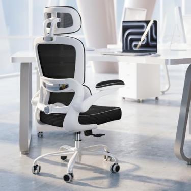 Imagem de TRALT Cadeira de escritório ergonômica – Cadeira de mesa com encosto de cabeça ajustável, suporte lombar, cadeira de computador – Cadeira confortável de malha com apoios de braços dobráveis – Cadeiras