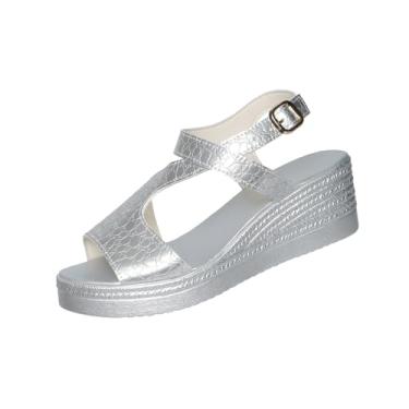 Imagem de Sandálias femininas Peep Toe com sola plataforma para praia e uso casual design de salto confortável, Prata, 39