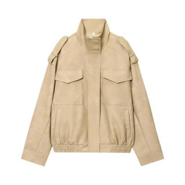 Imagem de Jaqueta Bomber Feminina Oversized De Camurça Com Zíper Para Inverno E 