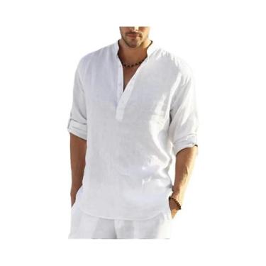 Imagem de Camisa Masculina Casual De Algodão E Linho De Manga Longa Com Gola Alt