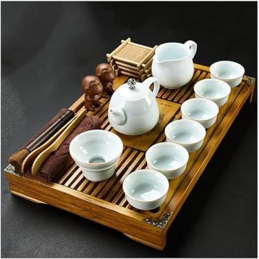 Imagem de Conjunto de chá de Gongfu chinês com bule, xícaras e pires - Conjunto de chá Kungfu de cerâmica + estátua de Buda, estilo japonês, perfeito para amantes de chá, ideia de presente, cor E