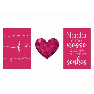 Imagem de Kit Placas Quadros Decorativos 3 pçs MDF 20x30 Coração Rosa