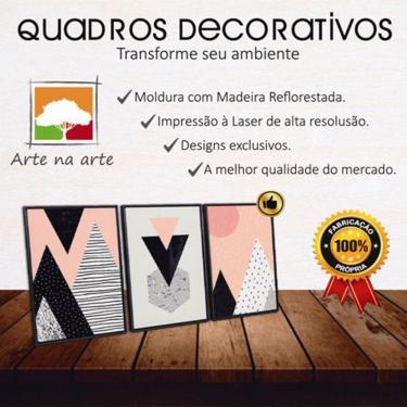 Imagem de Conjunto Quadros Decorativos 3 Peças 30x45 Mdf Formas Rosa Titulos Moldura Preta