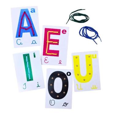 Imagem de Alinhavos Vogais 5 Peças Brinquedos Educativos Escolar Coordenação Mot
