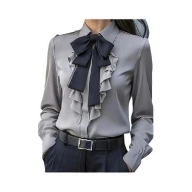 Imagem de Blusa feminina formal de manga comprida com gola e laço e babados - NO
