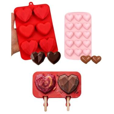 Imagem de Kit 3 Formas Silicone Coração Lapidado Picolé Sorvete Bombom Mini Choc