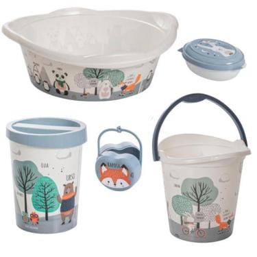 Imagem de Kit banho do bebê 5 peças bacia decorada ludica plasutil + balde + lix