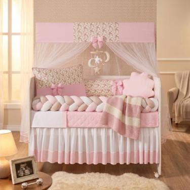 Imagem de Kit Berço 11 Peças Menina Completo Doce Rosa com Trança e Saia America