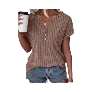 Imagem de Camiseta Feminina Canelada com Decote V - Botão Decorado - Tamanhos S-