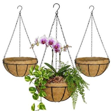 Imagem de Kit 3 Vasos de Fibra de Coco 25cm Suspenso com Corrente Para Plantas E