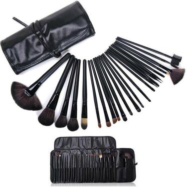 Imagem de Kit Pincéis Maquiagem Profissional 24 Peças em Madeira com Estojo Organizador Preto