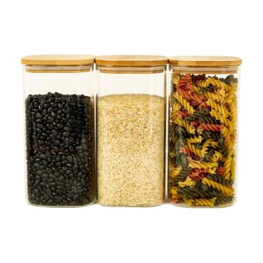 Imagem de Kit 3 Potes De Vidro Tampa Bambu Quadrado Flat 1400Ml