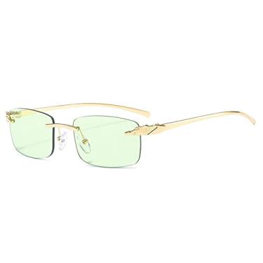 Imagem de Óculos de sol retangulares sem aro vintage exclusivo chita feminino cores doces lentes transparentes designer masculino óculos de sol, verde dourado