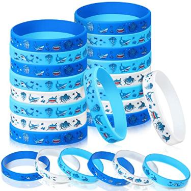 Imagem de 24 pulseiras de silicone de tubarão, pulseiras de borracha para lembrancinhas de festa de tubarão com tema de tubarão oceano, bolsa de presente para meninos e meninas, chá de bebê, tubarão, sob o mar, artigos temáticos de festa de aniversário