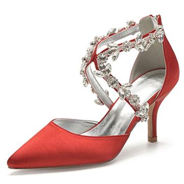 Imagem de Sapatos de casamento nupcial feminino scarpin marfim stiletto cetim salto alto bico fino sapatos com strass 34-43,Red,1 UK/34 EU
