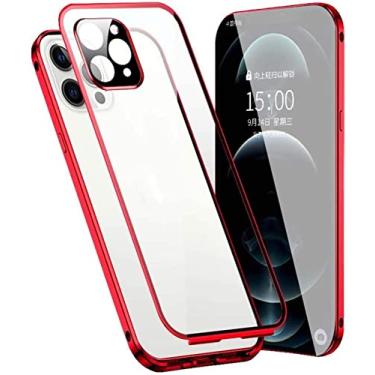 Imagem de KKFAUS Capa flip transparente para Apple iPhone 12 Pro Max (2020), capa de adsorção magnética dupla face vidro temperado à prova de choque capa de telefone anti-riscos (cor: vermelho)