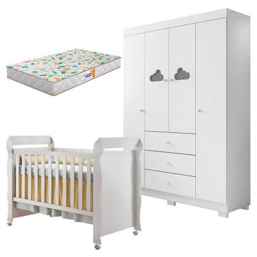 Imagem de Berço Americano Mirelle e Guarda Roupa Infantil Ane Branco Brilho com Colchão Gazin – Phoenix Baby