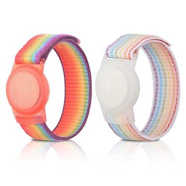 Imagem de Pacote com 2 pulseiras infantis para AirTag, pulseira de nylon para relógio rastreador GPS, capa protetora compatível com Apple Air Tag, pulseira ajustável antiperda para bebês e crianças idosos (arco-íris + arco-íris)