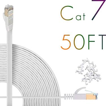 Imagem de Cabo Ethernet Cat7 de 1,8 m de cabo de rede de computador sólido blindado de alta velocidade plana (STP) com conectores RJ45 Snagless duráveis e finos de Internet LAN para modem, roteador. Mais rápido do que o Cat5e/Cat5/cat6 (branco), 50 ft/White, 50 feet