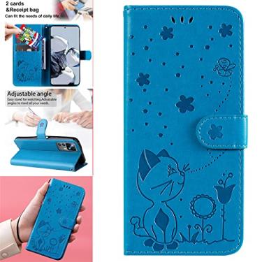 Imagem de Capas de telefone de negócios de luxo compatíveis com Xiaomi 12T 12T Pro capa de couro em relevo gato abelha slots para cartão carteira clipe capas à prova de choque (azul, Xiaomi 12T Pro)