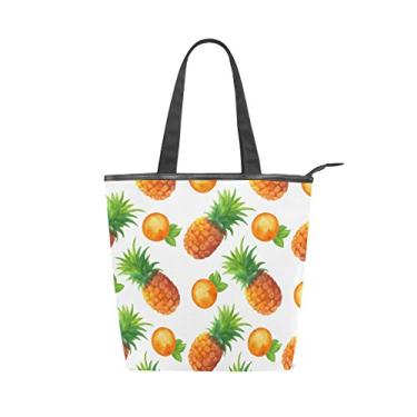 Imagem de Bolsa feminina de lona durável em aquarela, abacaxis e laranjas, bolsa de ombro para compras de grande capacidade