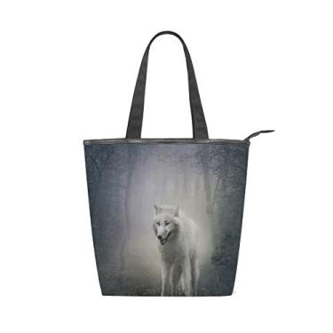 Imagem de Bolsa de ombro feminina com alça superior de lona, lobo branco na floresta noturna