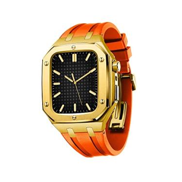 Imagem de NDJQY Caixa inoxidável+pulseiras para Apple Watch Series 7/6/SE/5/4, 45mm 44mm pulseira de silicone caixa de metal para homens mulheres relógio mod kit acessórios (cor: ouro laranja,