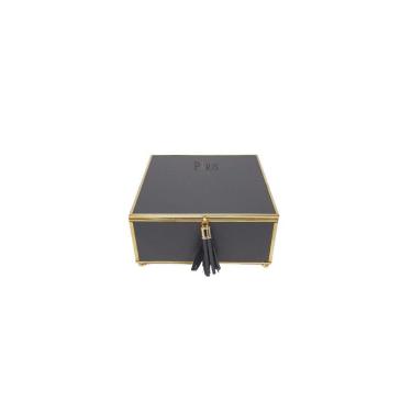 Imagem de Caixa Decorativa Quadrada de Vidro e Couro Sintético Preto e Dourado 18cm