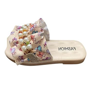 Imagem de Chinelos para meninas tamanho 5 chinelos infantis moda floral plissado pérola fundo plano infantil sandálias de verão meninas, Bege, 27 BR